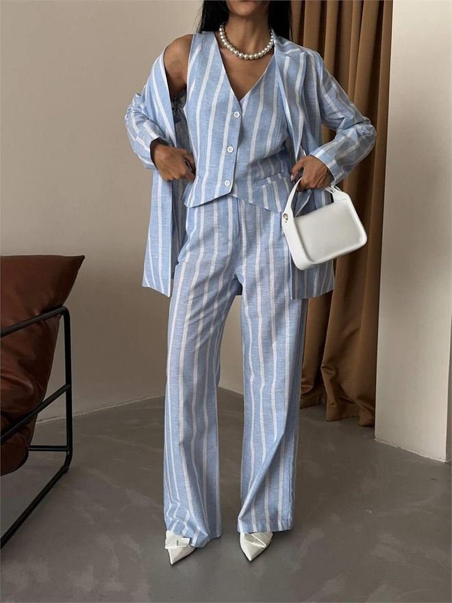 Ello Striped Linen Jacket Blue Wholesale Clothing Formal