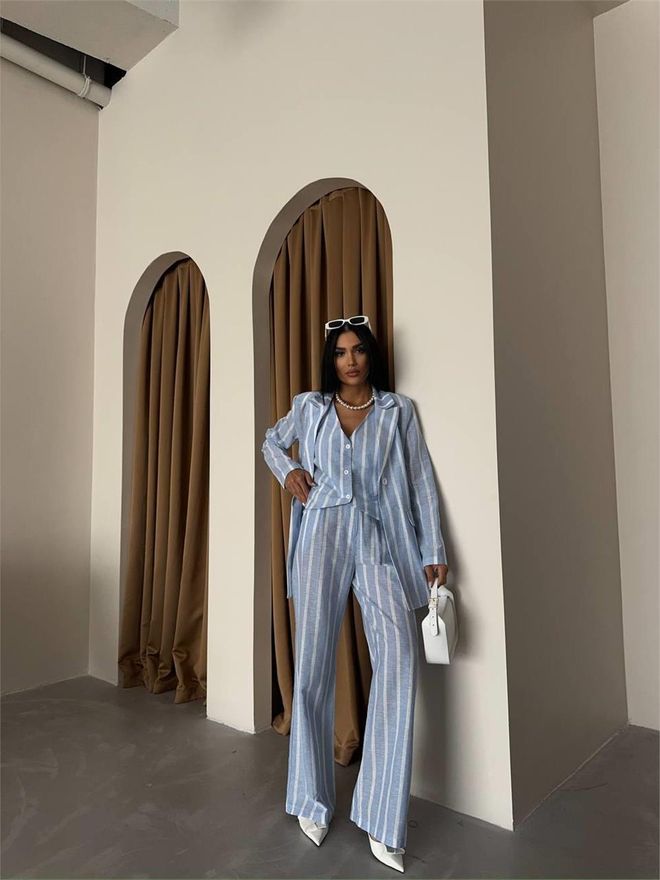 Ello Striped Linen Jacket Blue Wholesale Clothing 6