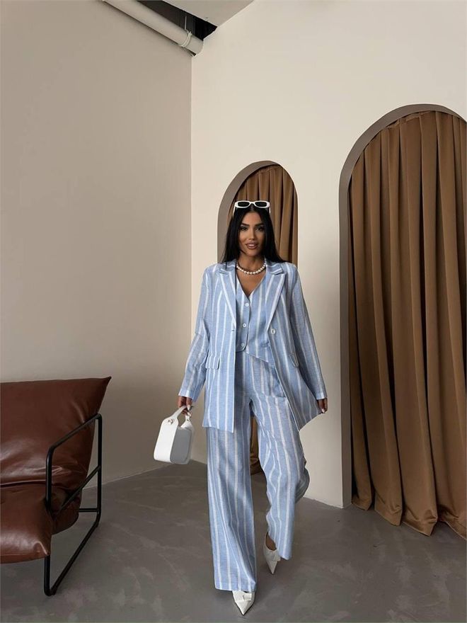 Ello Striped Linen Jacket Blue Wholesale Clothing Cotton