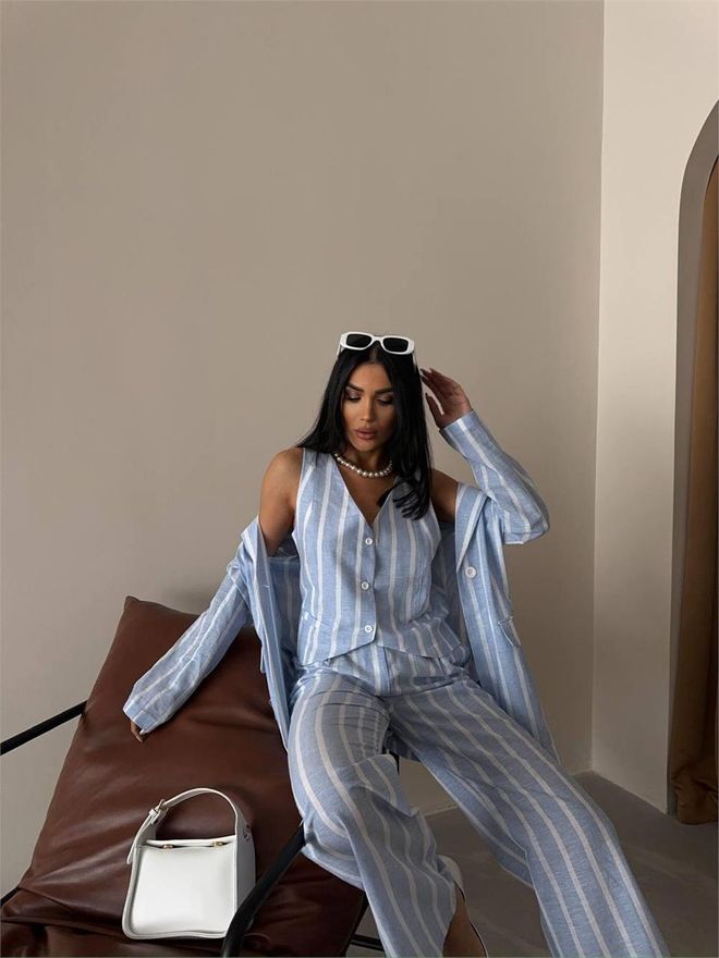 Ello Striped Linen Jacket Blue Wholesale Clothing 2