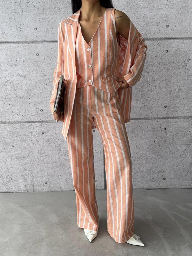 Ello Striped Linen Jacket Orange Wholesale Clothing Casual