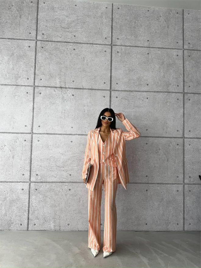 Ello Striped Linen Jacket Orange Wholesale Clothing Polyester