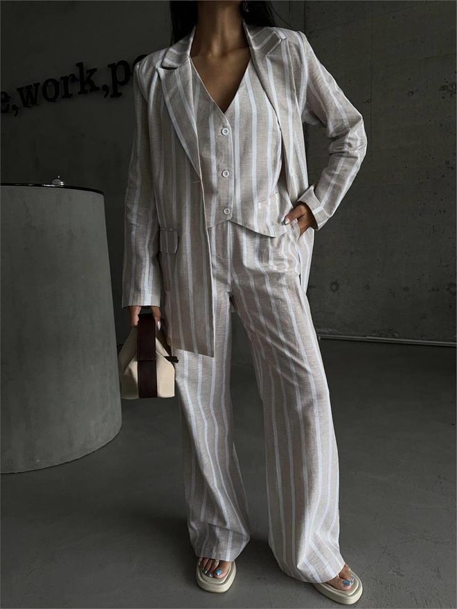 Ello Striped Linen Jacket Beige Wholesale Clothing Formal