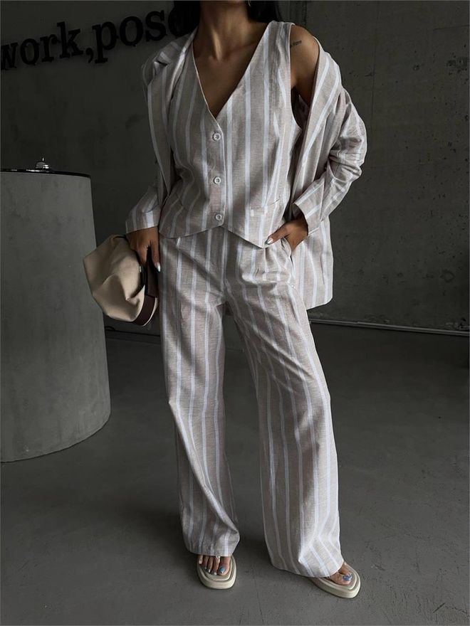 Ello Striped Linen Jacket Beige Wholesale Clothing 6