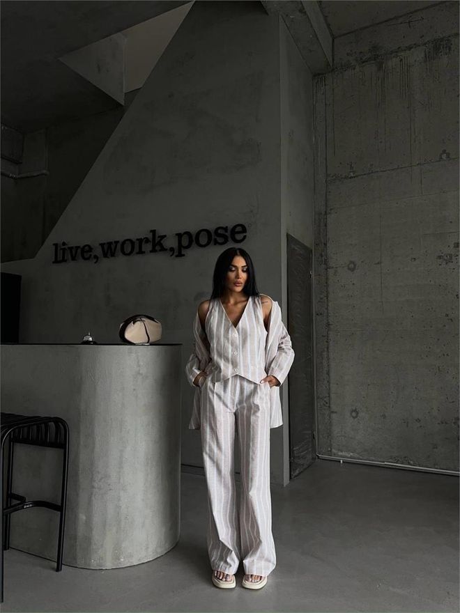 Ello Striped Linen Jacket Beige Wholesale Clothing 2