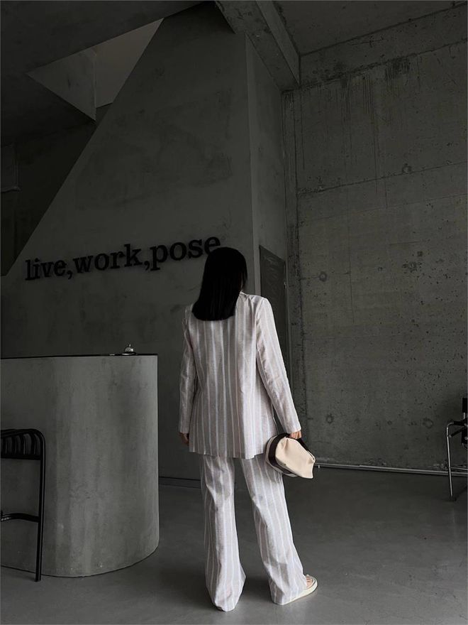 Ello Striped Linen Jacket Beige Wholesale Clothing Cotton