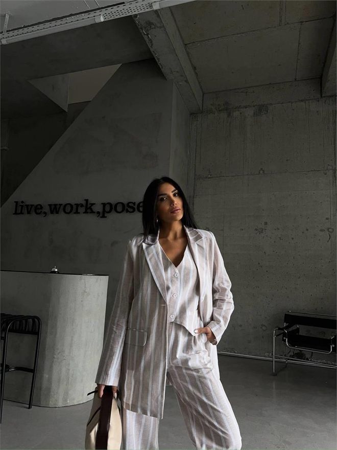 Ello Striped Linen Jacket Beige Wholesale Clothing Spring