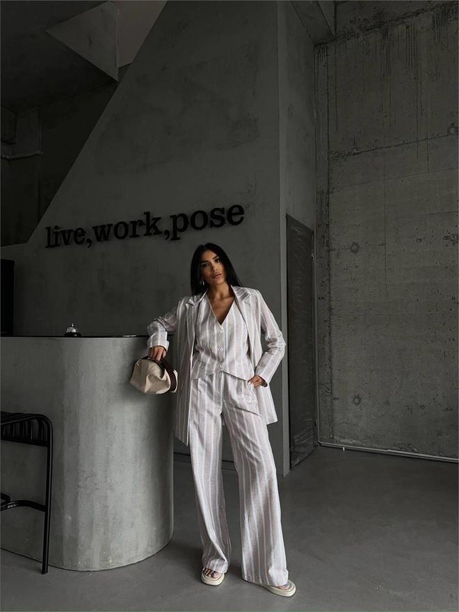 Ello Striped Linen Jacket Beige Wholesale Clothing Polyester