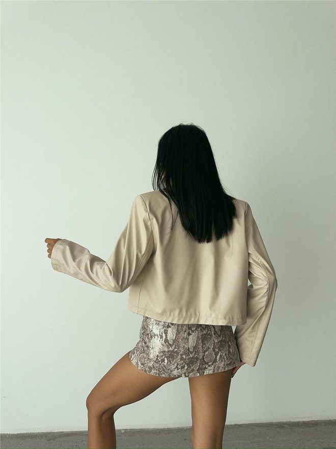 Ello Single Button Leather Crop Jacket Beige Wholesale Clothing 9