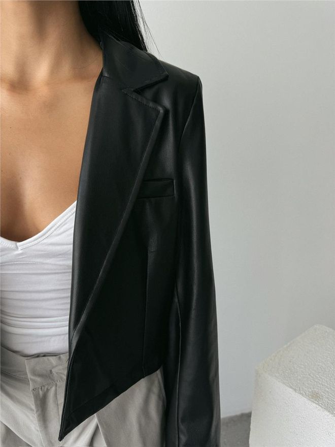 Ello Single Button Leather Crop Jacket Black Wholesale Clothing 2