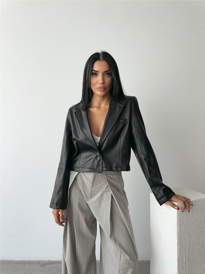 Ello Single Button Leather Crop Jacket Black Wholesale Clothing Casual