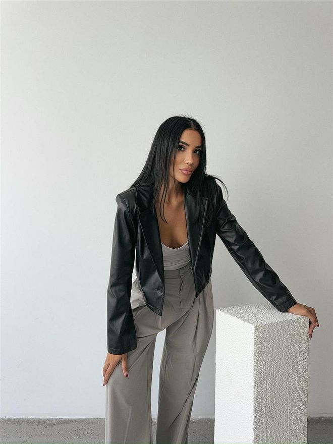 Ello Single Button Leather Crop Jacket Black Wholesale Clothing 5