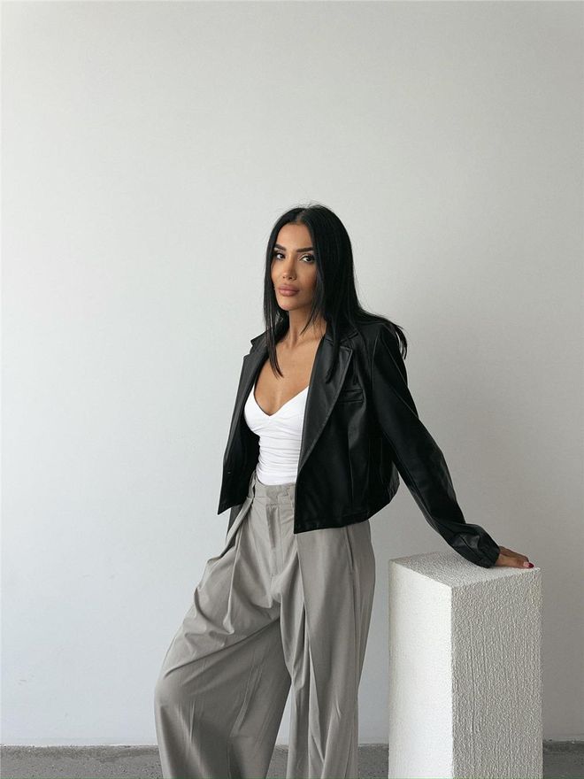 Ello Single Button Leather Crop Jacket Black Wholesale Clothing 6