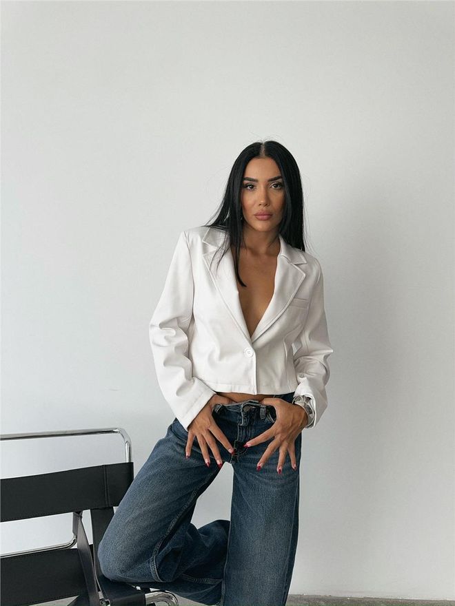 Ello Single Button Leather Crop Jacket White Wholesale Clothing Fall