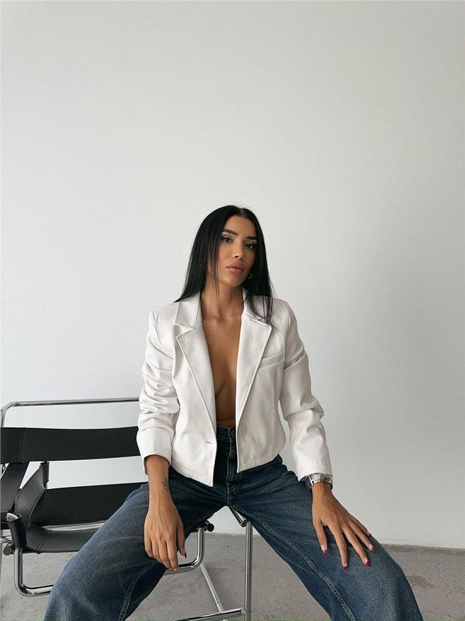 Ello Single Button Leather Crop Jacket White Wholesale Clothing Winter