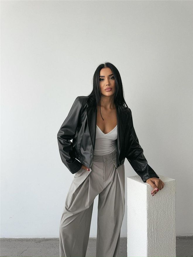 Ello Single Button Leather Crop Jacket Black Wholesale Clothing Spring