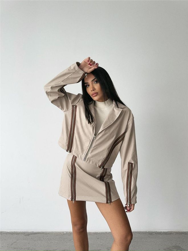 Ello Gesteppte Lederjacke Mit Reißverschlussdetail In Beige Großhandelskleidung Lässig