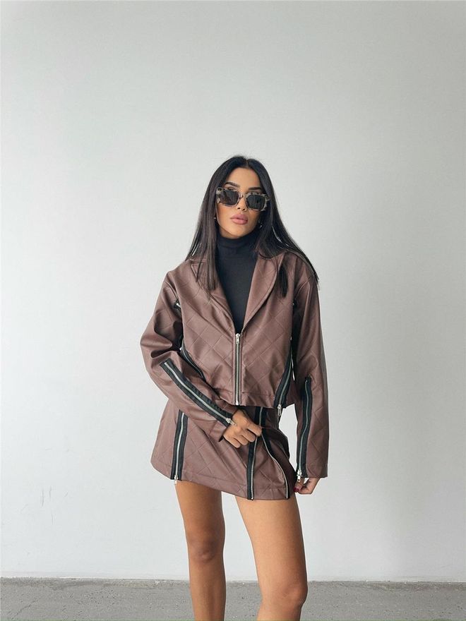 Ello Gesteppte Lederjacke Mit Reißverschlussdetail In Braun Großhandelskleidung Lässig