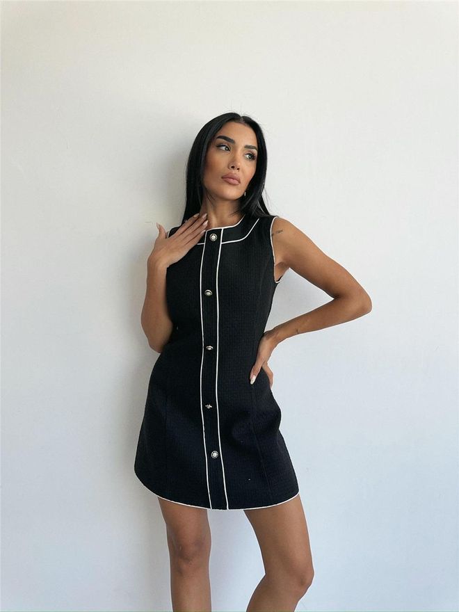 Ello Mini Dress With Button And Piping Detail Black Wholesale Clothing Birthday