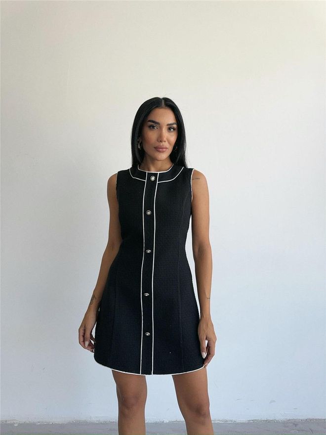 Ello Mini Dress With Button And Piping Detail Black Wholesale Clothing Cotton