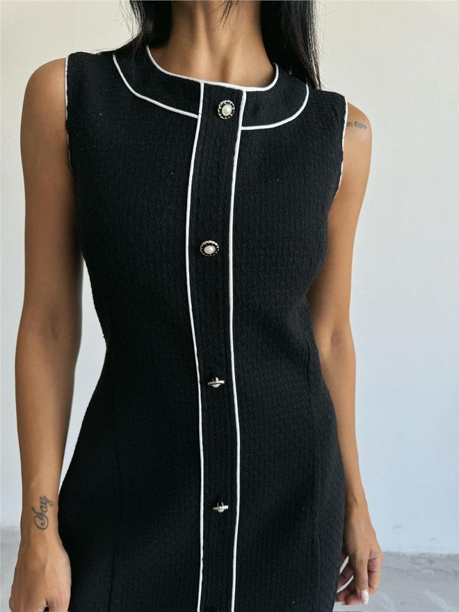 Ello Mini Dress With Button And Piping Detail Black Wholesale Clothing Elegant