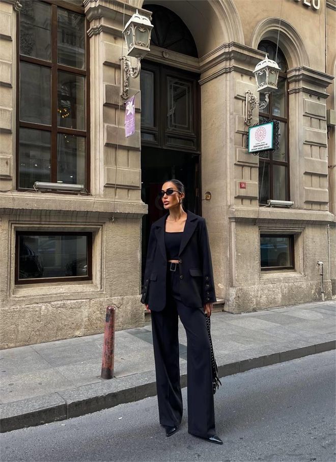 Ello بدلة ثلاث قطع مع جاكيت بليزر أسود ملابس بالجملة لا يوجد قماش