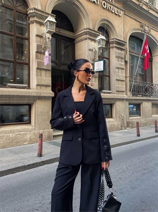 Ello بدلة ثلاث قطع مع جاكيت بليزر أسود ملابس بالجملة رَسمِيّ