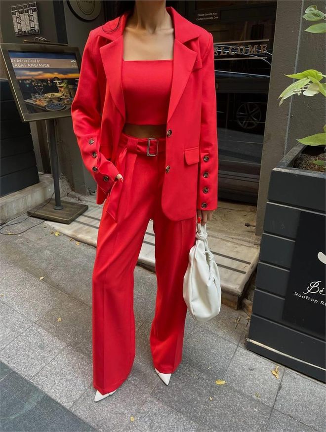 Ello بدلة ثلاث قطع مع جاكيت بليزر زهرة الرمان ملابس بالجملة عيد ميلاد