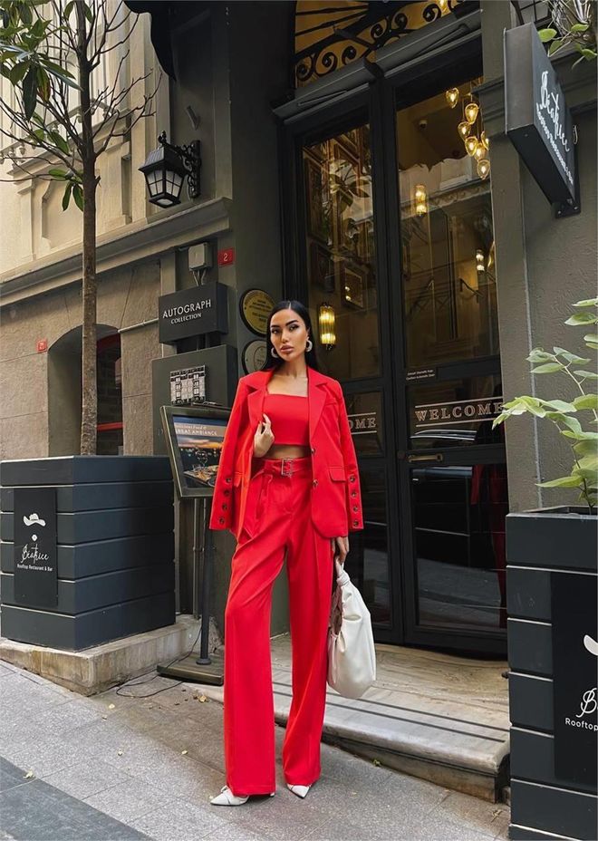 Ello بدلة ثلاث قطع مع جاكيت بليزر زهرة الرمان ملابس بالجملة الخريف