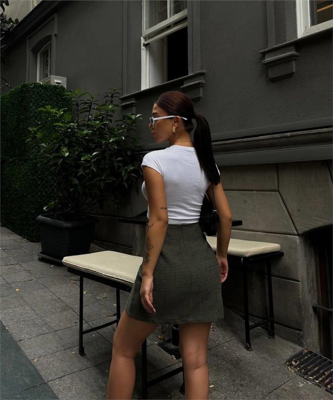 Ello Haki Dikiş Detayli Kisa Etek Toptan Giyim Zarif