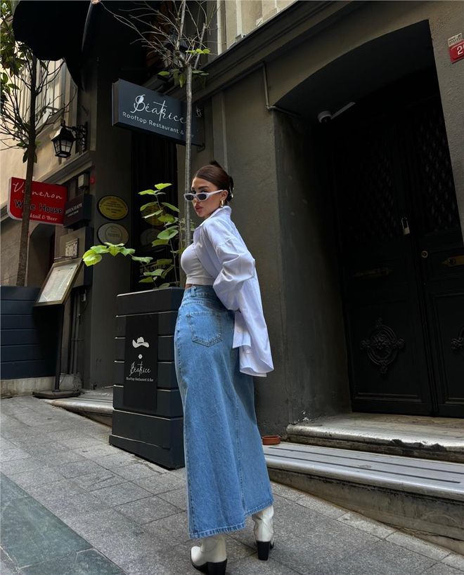 Ello Parçalı Uzun Önden Yırtmaçlı Kot Etek Beyaz Toptan Giyim Gündelik