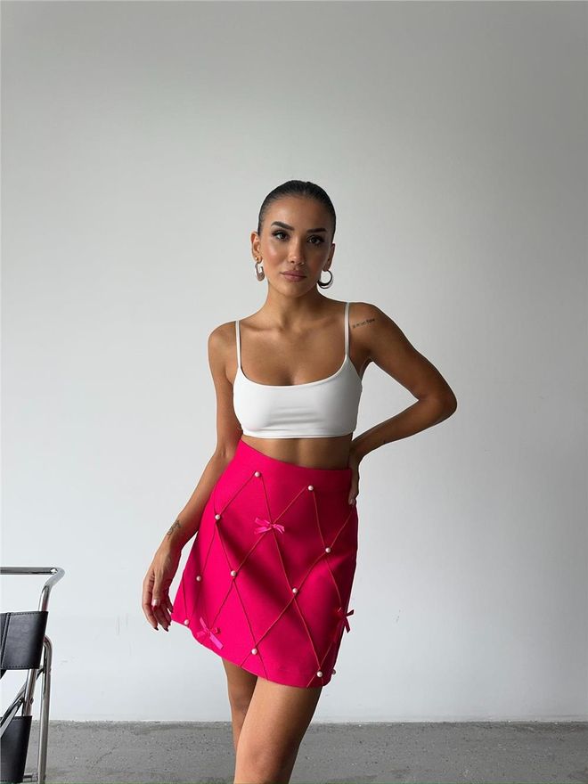 Ello Kurzer Rock Mit Gesteppten Perlendetails Fuchsia Großhandelskleidung Elegant