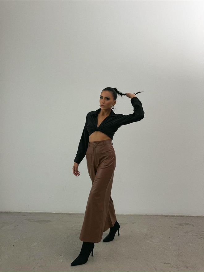 Ello Leather Ankle Trousers With Front Pocket Detail Tan Wholesale Clothing Casual