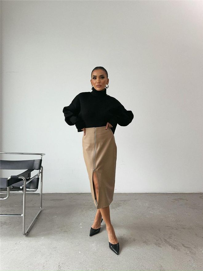 Ello Asimetrik Fermuarlı Deri Etek Bej Toptan Giyim Zarif