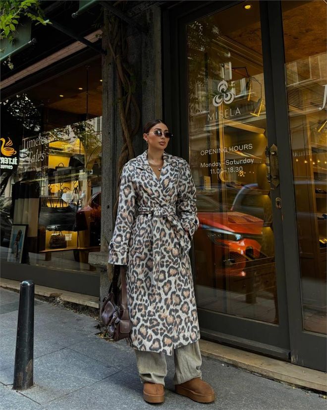ESPADA Beige Retro Elegant Enkelrijig Jas Met Dierenprint Groothandel Kleding Winter