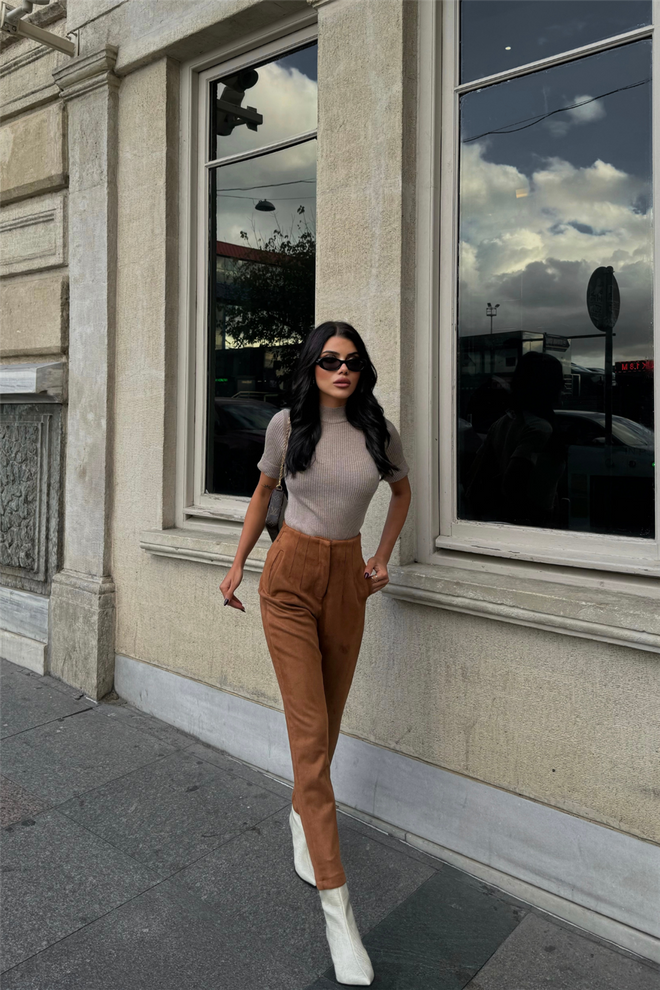 Ello Darted Suede Trousers Tan Wholesale Clothing Casual