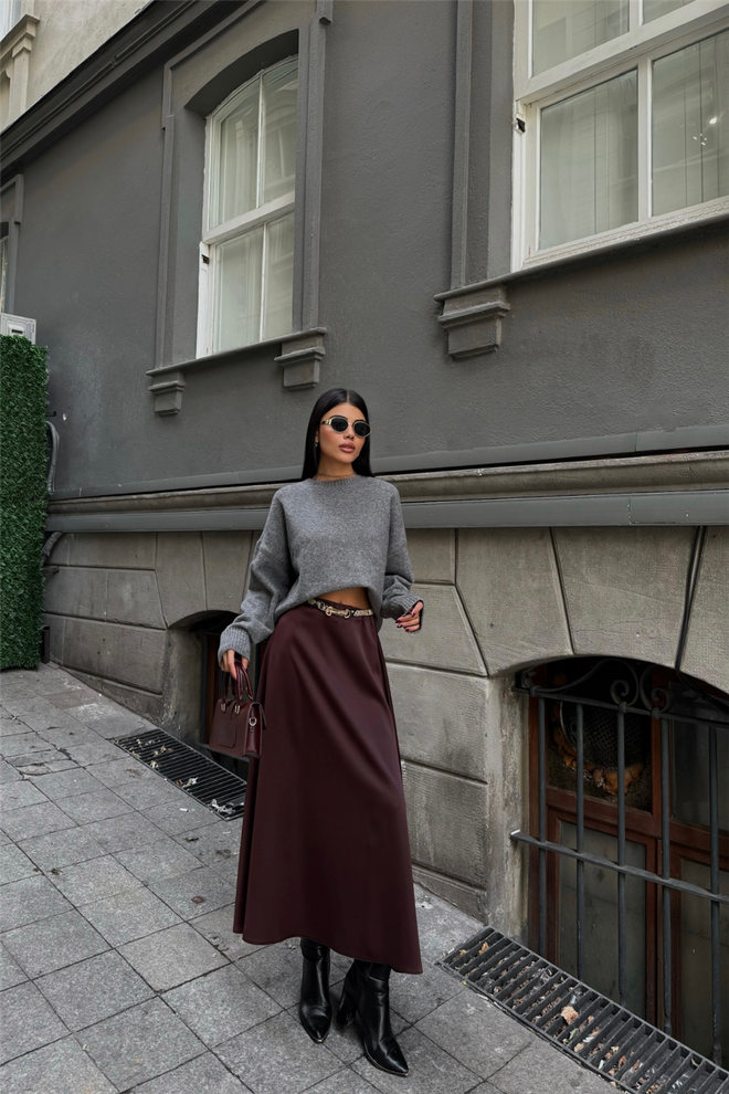 Ello Saten Midi Boy Etek Kahverengi Toptan Giyim Gündelik