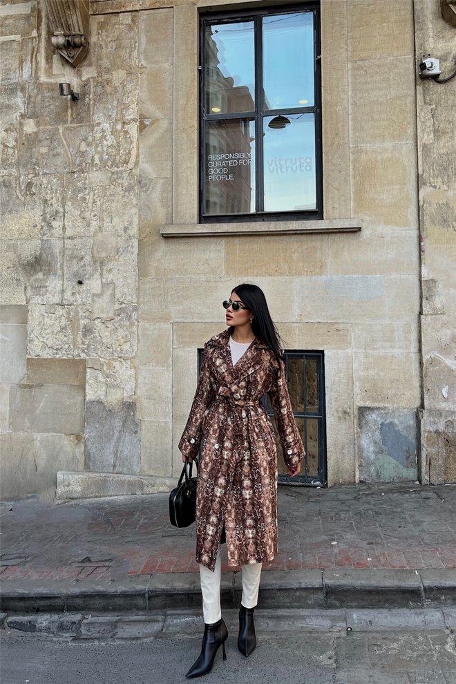 ESPADA Brown Trenchcoat Double Breasted Animal Print Wholesale Clothing No Fabric