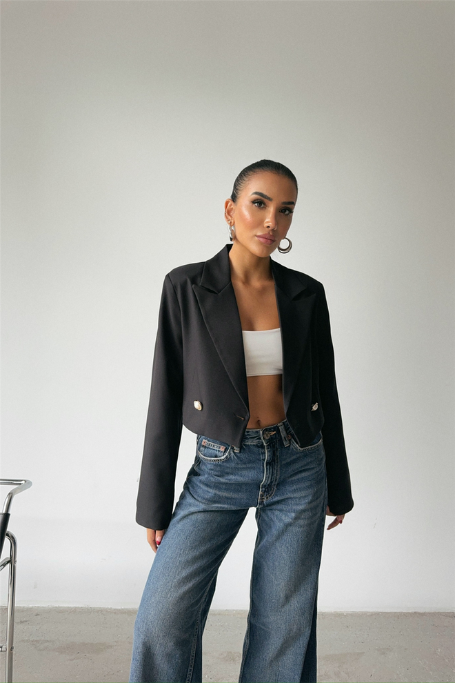 Ello Chaqueta Corta Con Detalle De Botón De Perlas En La Espalda Negro Ropa al por mayor Sin tela