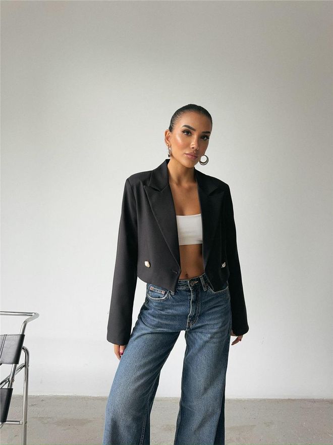 Ello Crop Jacket With Pearl Button Detail On Back Black Wholesale Clothing Elegant