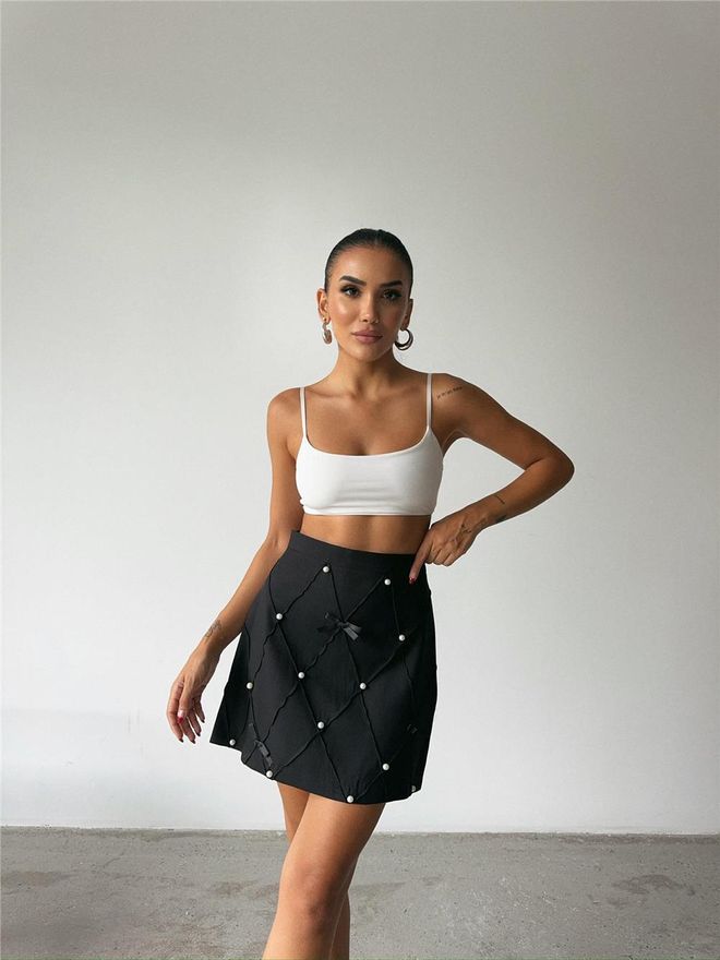 Ello Minifalda Con Detalle De Cinta De Perlas Negro Ropa al por mayor 11