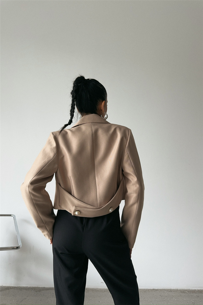 Ello Crop Jacket With Pearl Button Detail On Back Beige Wholesale Clothing 9