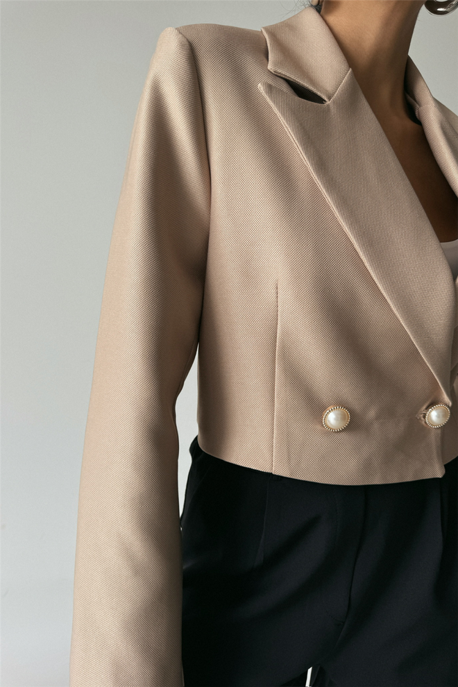 Ello Crop Jacket With Pearl Button Detail On Back Beige Wholesale Clothing Winter