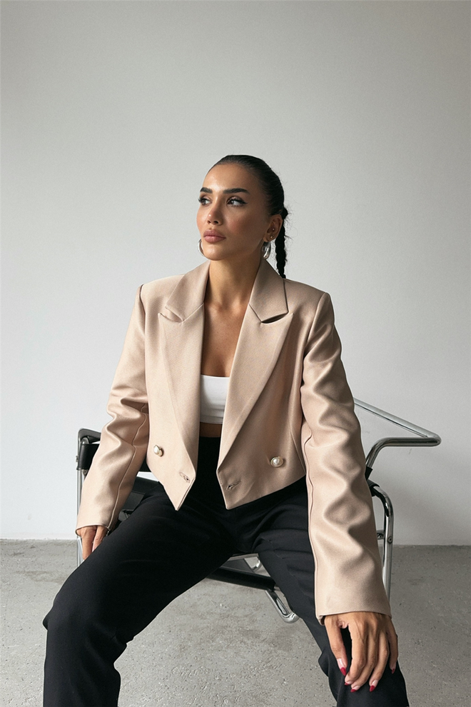 Ello Crop Jacket With Pearl Button Detail On Back Beige Wholesale Clothing Fall