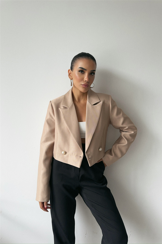 Ello Crop Jacket With Pearl Button Detail On Back Beige Wholesale Clothing No Fabric