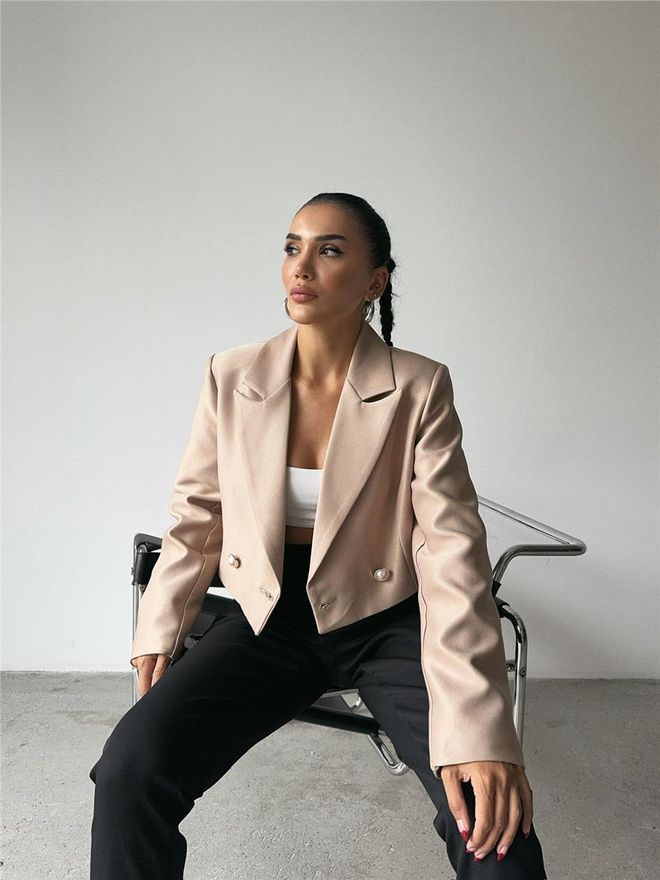 Ello Crop Jacket With Pearl Button Detail On Back Beige Wholesale Clothing Elegant