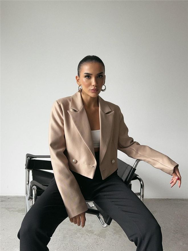 Ello Crop Jacket With Pearl Button Detail On Back Beige Wholesale Clothing 2