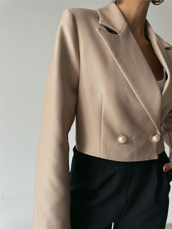 Ello Crop Jacket With Pearl Button Detail On Back Beige Wholesale Clothing 5