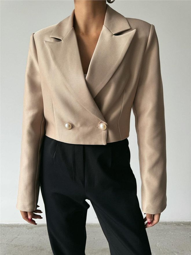 Ello Crop Jacket With Pearl Button Detail On Back Beige Wholesale Clothing 6
