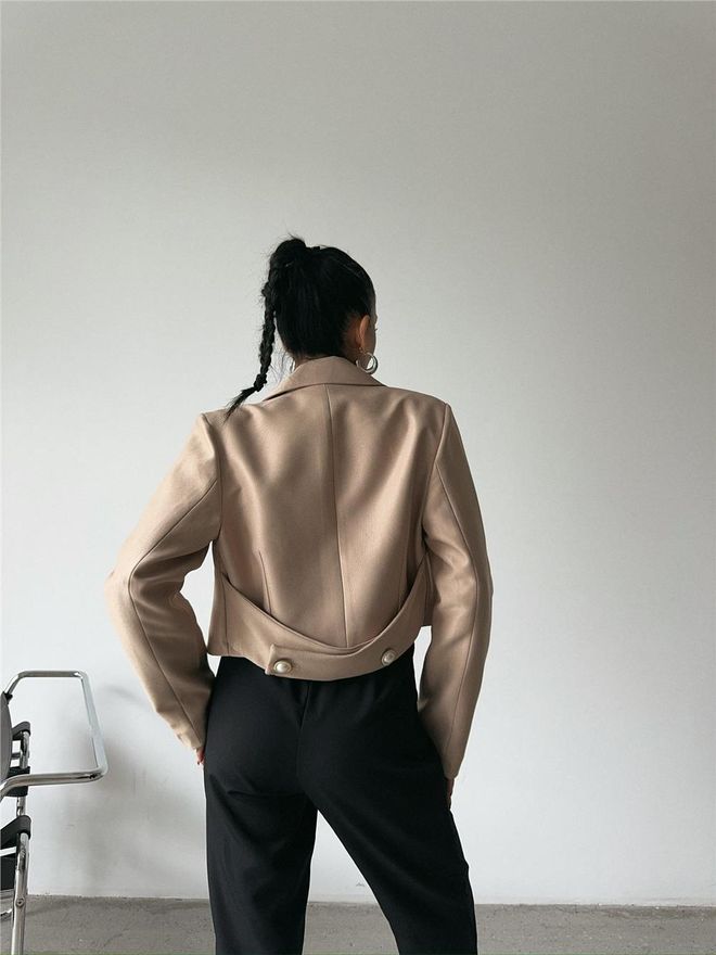 Ello Crop Jacket With Pearl Button Detail On Back Beige Wholesale Clothing 11